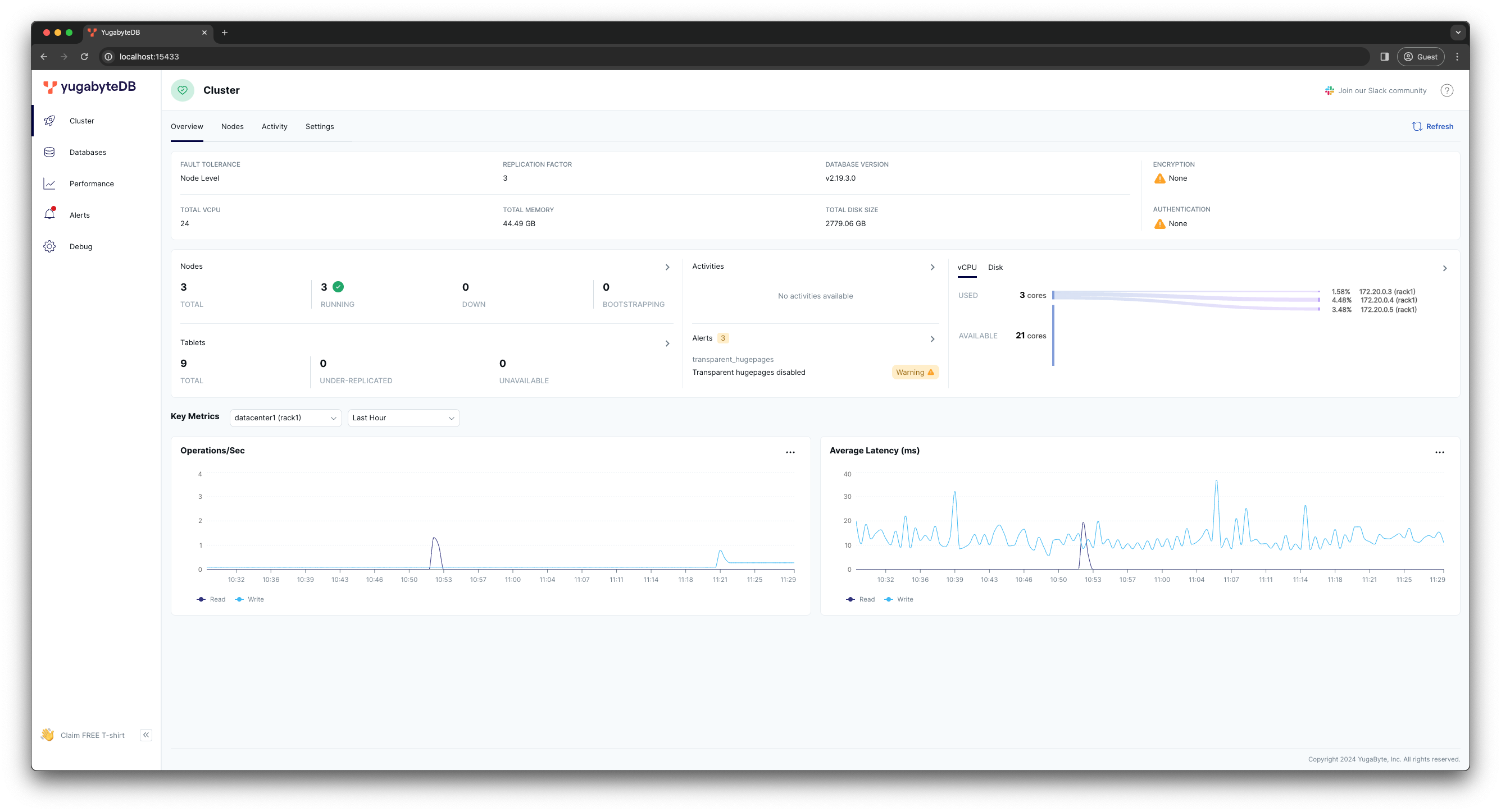 YugabyteDB UI Main Dashboard With 3 Nodes